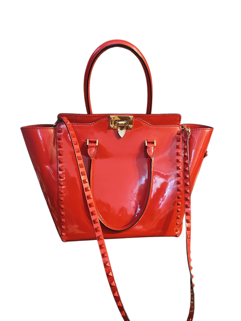 Garavani Valentino Red Patent Leather Rockstud Studded Tote Bag